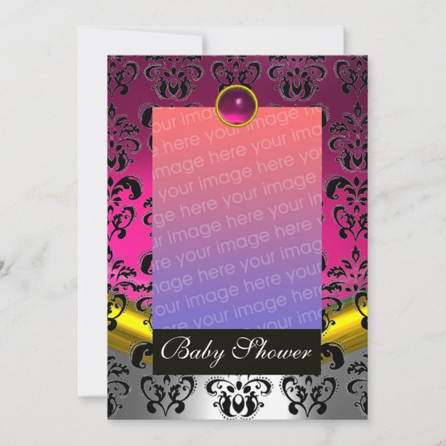 INVITATION FUCHSIA BLANC DAMASÉ BABY SHOWER MONOGRAMME ROSE (Devant)