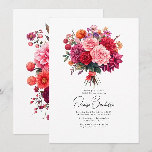 Invitation Fuchsia, Blush & Coral Bright Floral Bridal Shower (Devant / Derrière)
