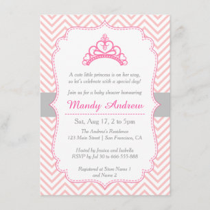 Invitation Fuchsia Chevron, Couronne de Princesse, Baby Showe