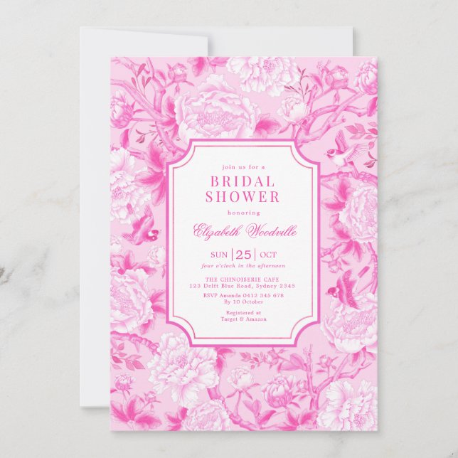 Invitation Fuchsia Chinoiserie rose Fête des mariées florale (Devant)