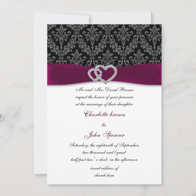 Invitation Fuchsia damask FAUX ruban diamante Mariage (Devant)