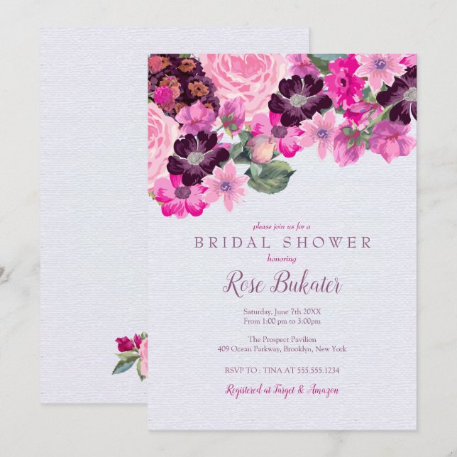 Invitation Fuchsia et Fête des mariées florale de prune (Devant / Derrière)