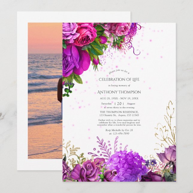 Invitation Fuchsia et Purple Floral Célébration de la vie Inv (Devant / Derrière)