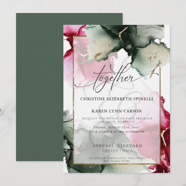 Invitation Fuchsia et Sage Green Watercolor Invitati (Devant / Derrière)