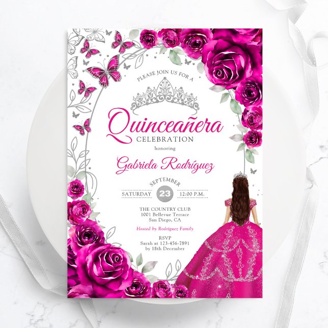 Invitation Fuchsia Fleur Rose Quinceañera (Créateur téléchargé)
