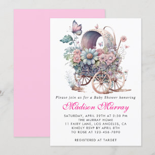 Invitation Fuchsia Fleurs Bébé Fille Poussette Cadeau Baby Sh