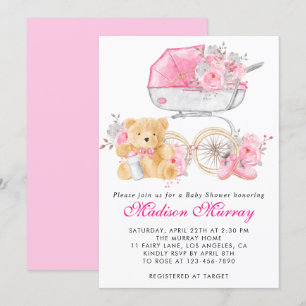 Invitation Fuchsia Fleurs Bébé Poussette Landeau Cadeau de Na