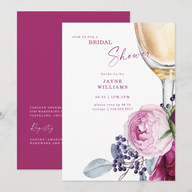 Invitation Fuchsia Fleurs Champagne Élégant Shower de Mariée  (Devant / Derrière)