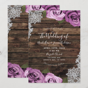 Invitation Fuchsia Fleurs Roses Bois Rustique et Dentelle de