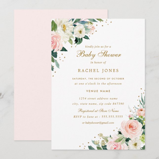 Invitation Fuchsia floral rose gold pour mariage Baby Shower (Devant / Derrière)
