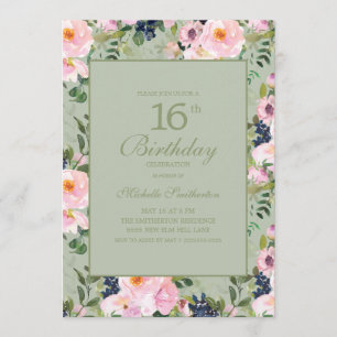 Invitation Fuchsia Floral Vert Menthe 16e Anniversaire