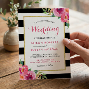 Invitation Fuchsia framboise fleurs rayures mariage moderne