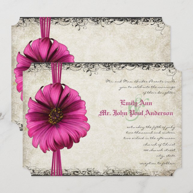 Invitation Fuchsia Gerber Daisy Wedding (Devant / Derrière)