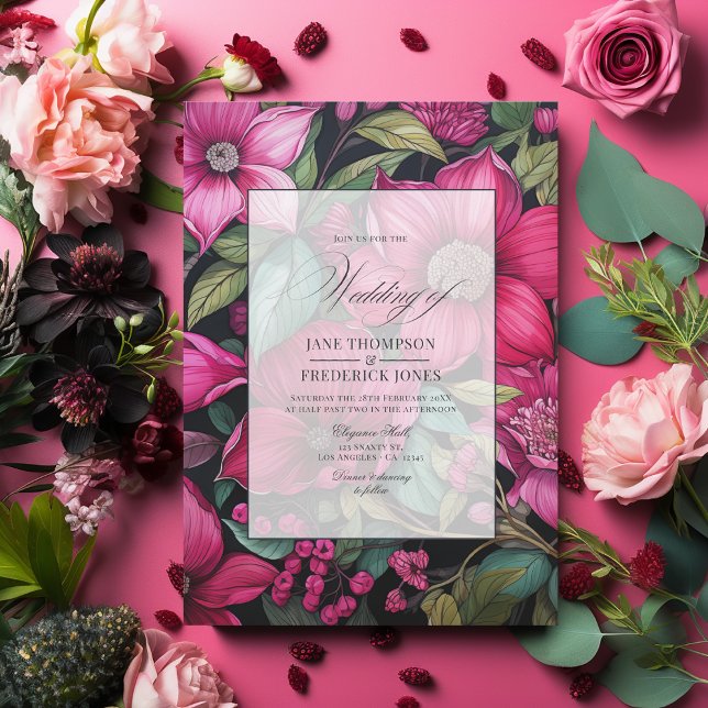 Invitation Fuchsia Glamour, Vert Émeraude & Floral Noir (Glamorous Fuchsia, Emerald Green and Black Floral Wedding Invitation)