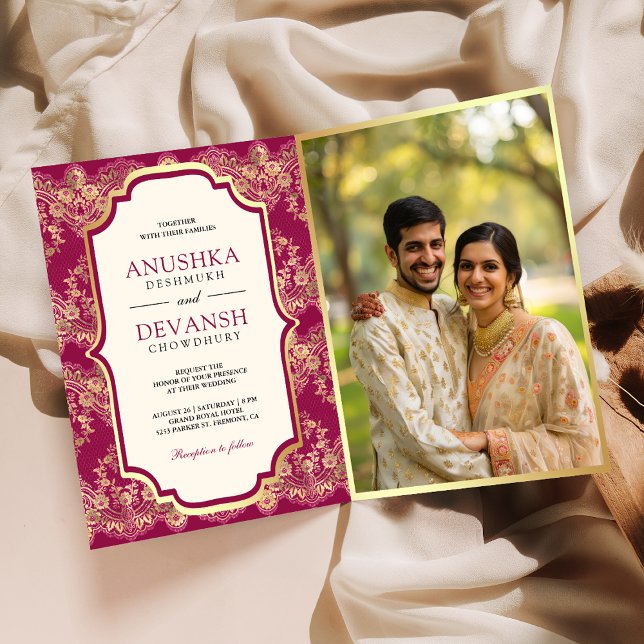 Invitation Fuchsia Gold Lace QR Code Photo Mariage indien (Créateur téléchargé)