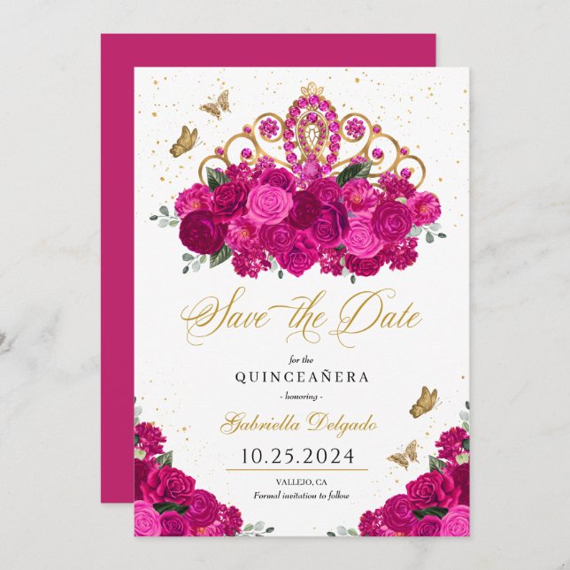 Invitation Fuchsia & Gold Tiara Enregistrer La Date Quinceañe (Devant / Derrière)