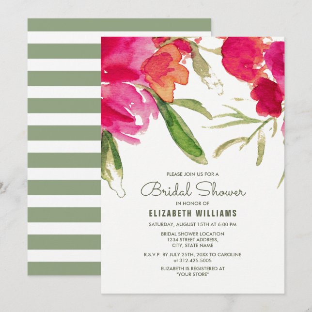 Invitation Fuchsia Green Floral Fête des mariées d'aquarelle (Devant / Derrière)
