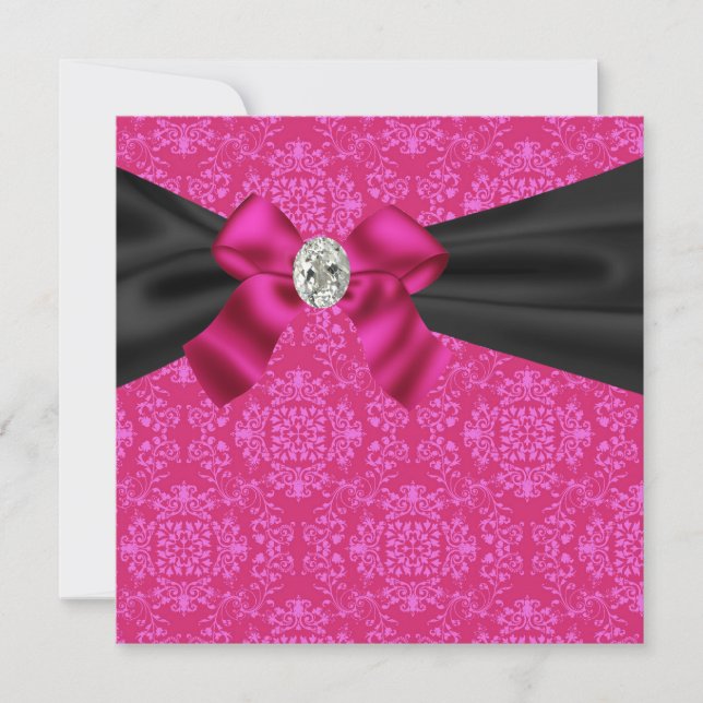 Invitation Fuchsia Hot Pink Black Damask Party (Devant)