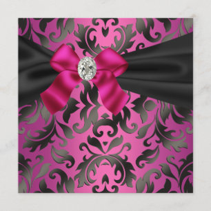 Invitation Fuchsia Hot Pink Black Damask Party