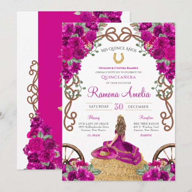 Invitation Fuchsia Magenta Floral Ouest Charro Quinceañera (Devant / Derrière)