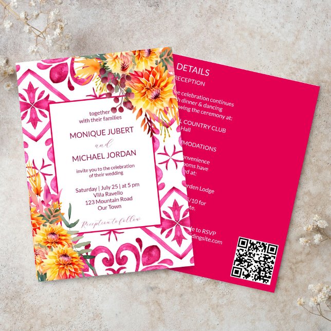 Invitation Fuchsia Majolica carreaux orange dahlia tout en un (Fuchsia Majolica tiles orange dahlia all in one wedding template Invitation digital download simple)