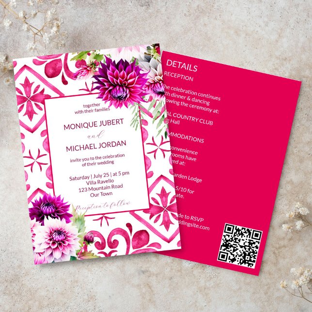 Invitation Fuchsia Majolica tuiles magenta dahlia tout en un (Fuchsia Majolica tiles magenta dahlia all in one simple wedding template Invitation digital download)