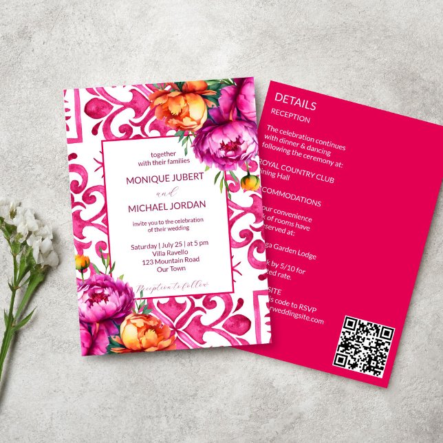 Invitation Fuchsia Majolica tuiles oranges pivoines tout en u (Fuchsia Majolica tiles orange pink peonies all in one wedding template Invitation digital download)