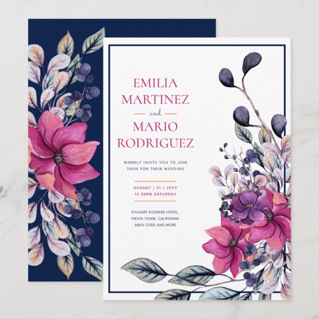 Invitation Fuchsia Mariage floral bleu marine rose (Devant / Derrière)