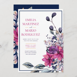 Invitation Fuchsia Mariage floral bleu marine rose