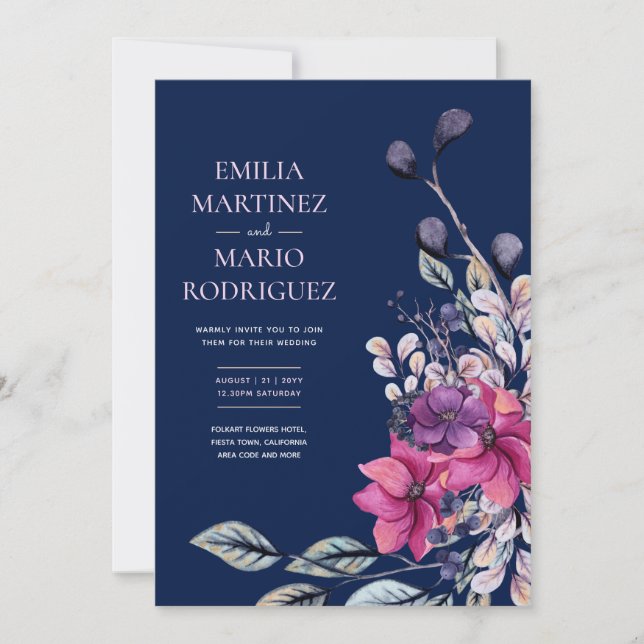 Invitation Fuchsia Mariage floral bleu marine rose (Devant)