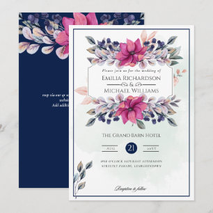 Invitation Fuchsia Marine Rose Bleu Floral Chic Mariage