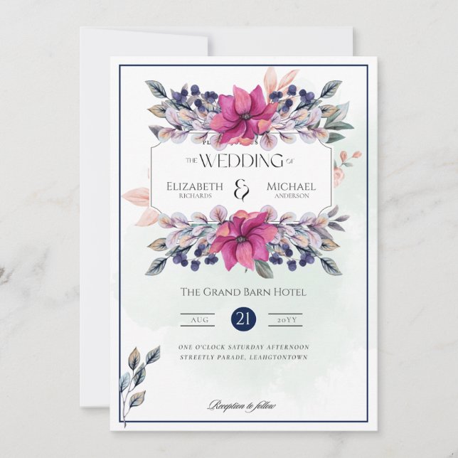 Invitation Fuchsia Marine Rose Bleu Floral Chic Mariage (Devant)
