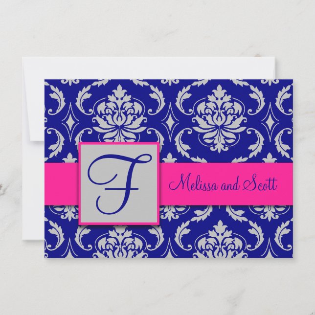 Invitation Fuchsia Navy Blue Silver Damask Enregistrer la dat (Devant)