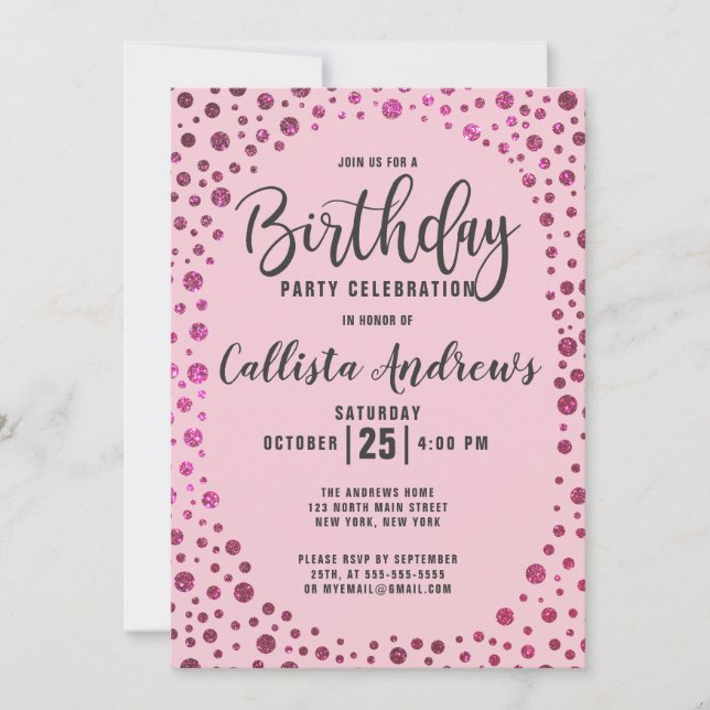 Invitation Fuchsia Parties scintillant rose Confetti frontièr (Devant)