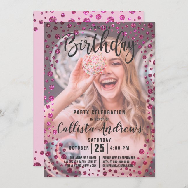 Invitation Fuchsia Parties scintillant rose Confetti Photo An (Devant / Derrière)