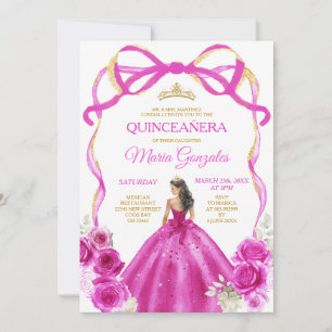 Invitation Fuchsia Pink Bow Princess Gold Crown Quinceañera
