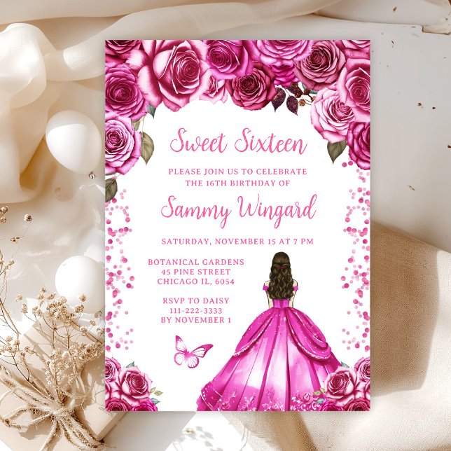 Invitation Fuchsia Pink Brown cheveux princesse Sweet sixteen (Créateur téléchargé)
