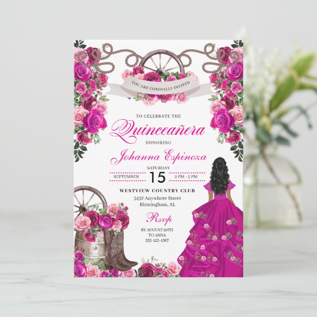 Invitation Fuchsia Pink Cowgirl Western Charro Quinceanera (Debout devant)