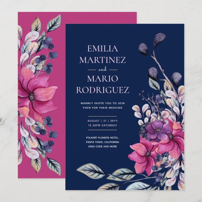 Invitation Fuchsia Pink Navy Blue Floral Mariage Budget (Devant / Derrière)