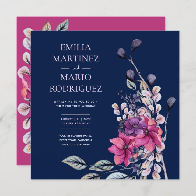 Invitation Fuchsia Pink Navy Blue Floral Mariage Budget (Devant / Derrière)