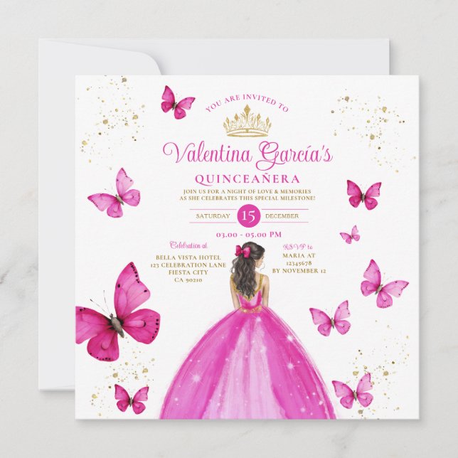 Invitation Fuchsia Pink Quinceañera 15 Anos Gold Birthday (Devant)