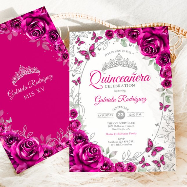 Invitation Fuchsia Pink Silver Floral Quinceanera (Créateur téléchargé)