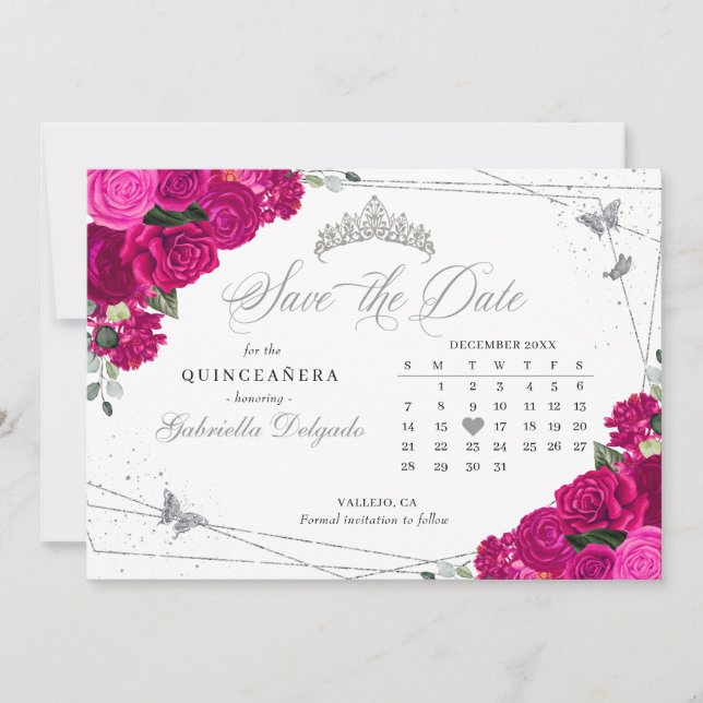 Invitation Fuchsia Pink & Silver Quinceañera Enregistrer La D (Devant)