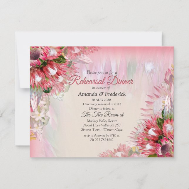 Invitation Fuchsia Protea's - Dîner de répétition Blush & Gol (Devant)
