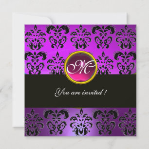 Invitation FUCHSIA PURPLE NOIR DAMASK MONOGRAM, améthyste ros