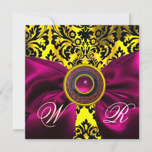 INVITATION FUCHSIA RIBBON OR JAUNE BLACK DAMASK MONOGRAM