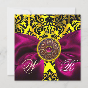 INVITATION FUCHSIA RIBBON OR JAUNE BLACK DAMASK MONOGRAM