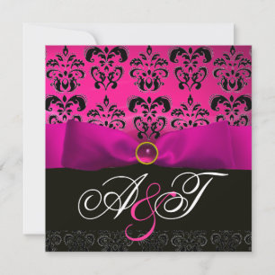 INVITATION FUCHSIA RIBBON ROSE PURPLE BLACK DAMASK MONOGRAM