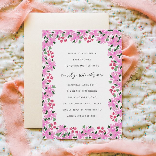 Invitation Fuchsia rose Aquarelle Baby shower de jardin fleur (Créateur téléchargé)