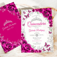 Fuchsia Rose Argent Floral Quinceanera